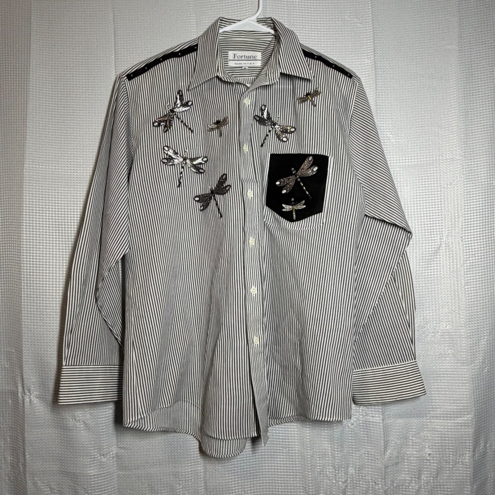 Fortune Shirt Striped Dragonfly Embroidery Button Up Black White M USA Made
